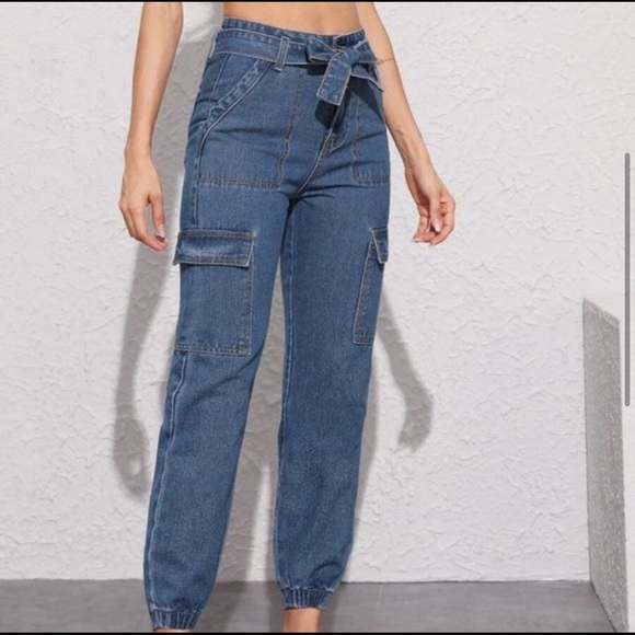 New! High waist Jean joggers w/ Front Tie - Picture 5 of 7